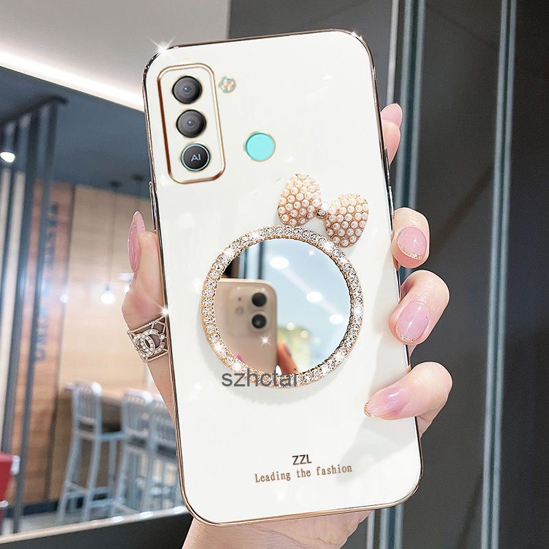เคส infinix Tecno Pop 5 LTE Tecno BD4 BD4i BD4a หรูหรา มุก โบว์ กระจกแต่งหน้า ชุบ ซิลิโคน เคสโทรศัพท์ นิ่ม Tecno Spark Go 2022 Spark 8C KG5