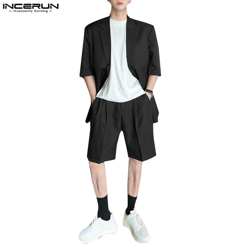 Incerun ชุดทูพีซ สีพื้น เรียบง่าย แฟชั่นสําหรับผู้ชาย