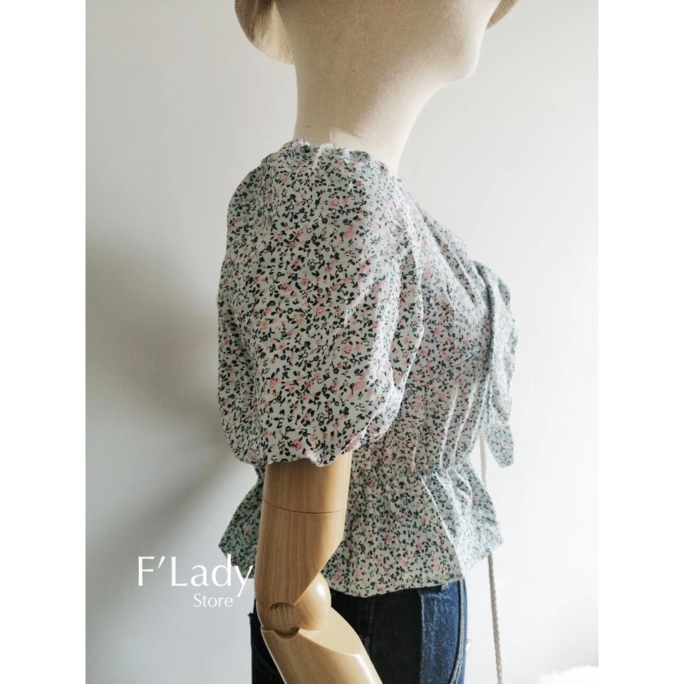 WS144 เสื้อครอปแขนตุ๊กตาผูกโบว์หน้าลายดอกไม้ thumbnail 5