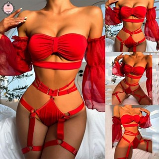 Enchanting Red Lingerie Set Off Shoulder Garter Bra with Mesh and Ruffle Sleeves