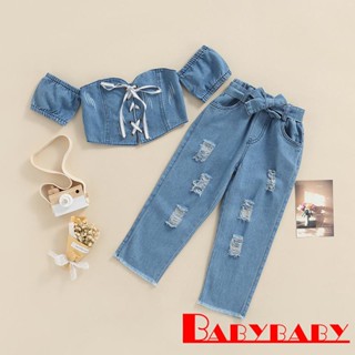 Babybaby- เสื้อครอป เปิดไหล่ แขนสั้น ผูกเชือก พร้อมกางเกงยีนขาด สําหรับเด็กผู้หญิง