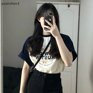 Yuan เสื้อยืดลําลอง แขนสั้น คอกลม พิมพ์ลายตัวอักษร ทรงหลวม แฟชั่นฤดูร้อน สําหรับสตรี ZHN