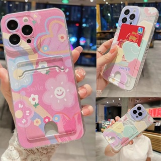 เคสโทรศัพท์มือถือ TPU แบบนิ่ม ลายดอกไม้หน้ายิ้ม มีช่องใส่บัตร สําหรับ Samsung A22 A13 M13 A04 A53 A03 A33 A13 A50 A50S A30S M52 A73 A23 M23 M13 F13 M53 M33 A14 A54 A04E A34 A24 J4+ J4Prime