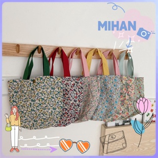 Mihan กระเป๋าผ้าใบกระเป๋าช้อปปิ้งผ้าฝ้ายลายดอกไม้แบบพกพาแฟชั่นสตรี