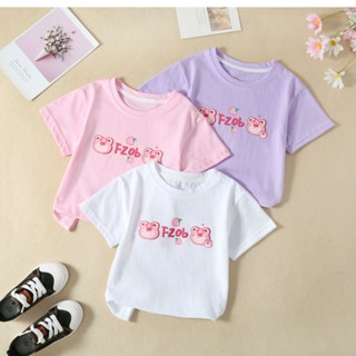 พร้อมส่ง เสื้อยืดคอกลม แขนสั้น พิมพ์ลายการ์ตูนหมี สตรอเบอร์รี่ ตัวอักษร น่ารัก แฟชั่นสไตล์เกาหลี สําหรับเด็กผู้หญิง