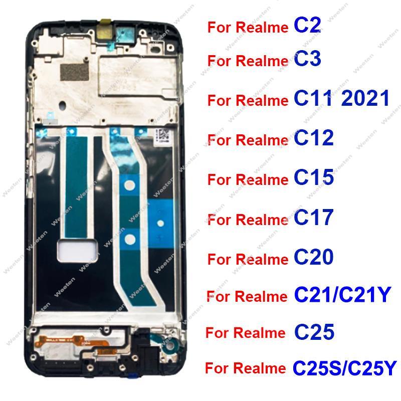 สําหรับrealme C2 C3 C11(2021) C12 C15 C17 C20 C21 C21Y C25 C25Y C35 ด้านหน้าหน้าจอLCDกรอบฝาครอบกาวชิ้นส่วน