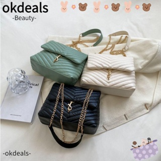 Okdeals กระเป๋าสะพายไหล่ สะพายข้าง หนัง Pu ความจุสูง แต่งสายโซ่คล้อง สีพื้น สําหรับผู้หญิง