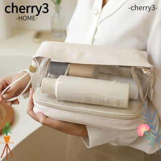 Cherry3 กระเป๋าเครื่องสําอาง หนัง PU ใส สองชั้น มีซิป แบบพกพา สําหรับผู้หญิง