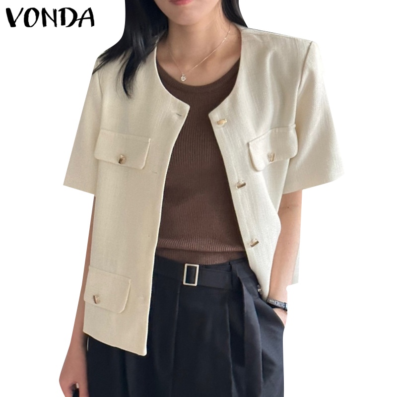 Vonda ชุดสูทแขนสั้น คอปก เปิดกระเป๋า สไตล์เกาหลี สําหรับผู้หญิง