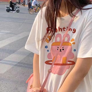 เสื้อยืดแขนสั้น พิมพ์ลายการ์ตูนกระต่ายน่ารัก ทรงหลวม แฟชั่นฤดูร้อน สําหรับผู้หญิง