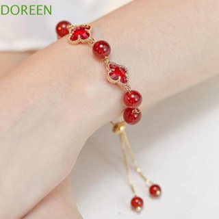 Doreen สร้อยข้อมือหยกเทียม ปรับได้ ของขวัญวินเทจ คนรัก ลูกปัดกลม โคลเวอร์ โซ่มือ