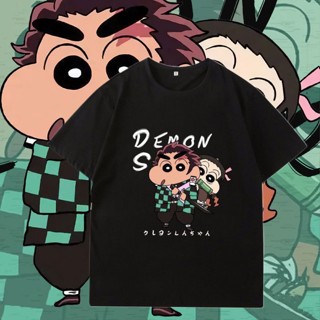 ราคาถูก Crayon Shinchan Ghost Slayer Blade เสื้อยืดแขนสั้นพิมพ์ลายการ์ตูนนักเรียนคู่สำหรับชายและหญิง เสื้อคู่