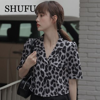 Shufu 2313 พร้อมส่ง เสื้อเชิ้ตแขนสั้น ผ้าชีฟอง พิมพ์ลายเสือดาว สไตล์เกาหลี พลัสไซซ์ สําหรับผู้หญิง