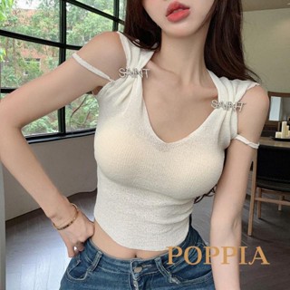 Poppia- เสื้อกล้ามครอป แขนกุด สีพื้น สุนทรีย์ แฟชั่นฤดูร้อน สําหรับผู้หญิง