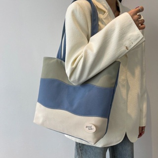 ♚♚Keshan Store [Fashion Summer] Canvas Bag Womens 2022 New Niche Color Contrast Shoulder Bag Casual Class Commuter Handbag Large Capacity Tote Bag