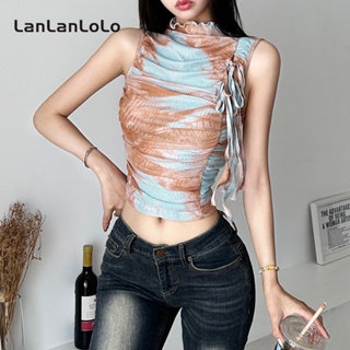 Lanlanlolo เสื้อกล้าม คอกลม แขนกุด พิมพ์ลาย แบบเข้ารูป แฟชั่นสําหรับผู้หญิง 2023