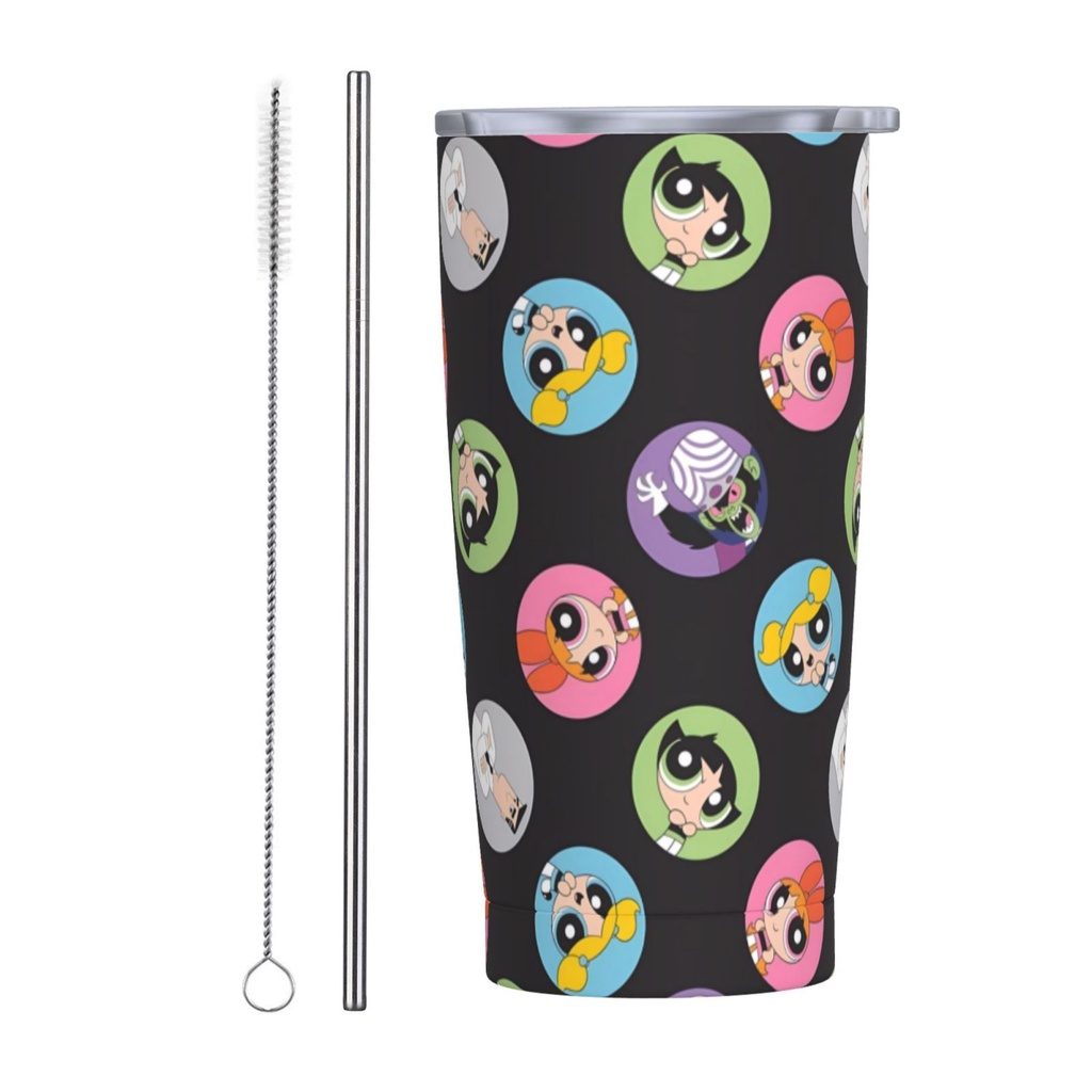 The Powerpuff Girls 20oz Car Straw Cup ถ้วยกาแฟ (พร้อมหลอด) ฝาปิด PS, Cup Inner 304, Outer 201 วัสดุ
