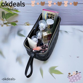 Okdeals กระเป๋าเครื่องสําอาง หนัง PU ใบแบน ขนาดใหญ่ จุของได้เยอะ แบบพกพา พร้อมที่แบ่ง และที่จับ กันน้ํา สําหรับผู้หญิง