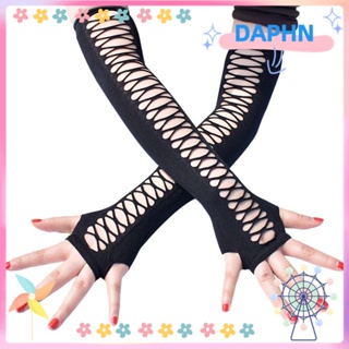 Daphs ถุงมือแขนยาว ยืดหยุ่น เปิดนิ้วมือ สไตล์พังก์ โกธิค สําหรับผู้หญิง