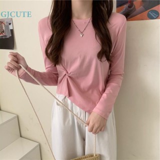 Gjcute เสื้อครอปท็อป คอกลม แขนยาว สีพื้น แฟชั่นสําหรับผู้หญิง WTD