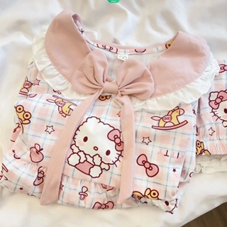 ชุดนอนเสื้อแขนสั้น คอตุ๊กตา และกางเกงขาสั้น ทรงหลวม ลายการ์ตูน Sanrio Hello Kitty น่ารัก แฟชั่นฤดูร้อน สไตล์ญี่ปุ่น สําหรับผู้หญิง 2023