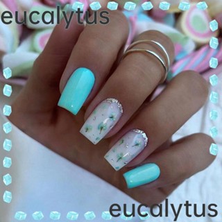 Eucalytus1 เล็บปลอม ทรงสี่เหลี่ยม ยาว ถอดออกได้ สีเขียว สไตล์ฝรั่งเศส สําหรับผู้หญิง