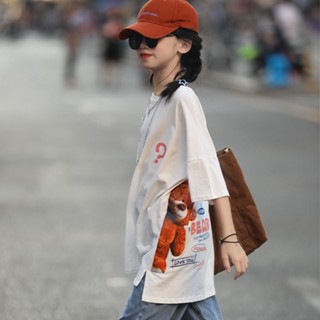 เสื้อยืดแขนยาว ทรงหลวม ขนาดใหญ่ ความยาวปานกลาง แฟชั่นฤดูร้อน สําหรับเด็กผู้หญิง