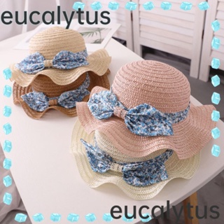 Eucalytus1 หมวกฟางปีกกว้าง ประดับโบว์ กันแดด แฟชั่นฤดูร้อน สําหรับเด็กผู้หญิง