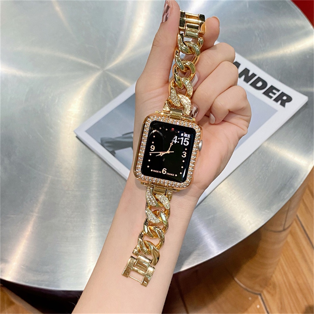 ชุดสายโลหะหรูหรา+เคสสำหรับสตรี สำหรับ Apple Watch Series 11 10 9 8 7 6 5 4 3 SE Ultra2 ขนาด 38 40 41 42 44 45 46 49 มม. อุปกรณ์เสริมนาฬิกา