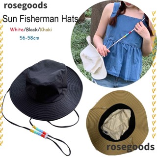 Rosegoods1 หมวกบักเก็ต ผ้าฝ้าย ป้องกันรังสียูวี พร้อมสายคล้อง แฟชั่นฤดูร้อน สําหรับชาวประมง