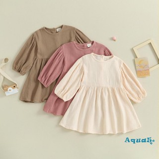 Aqq- ชุดเดรสแขนยาว คอกลม สีพื้น ให้ความอบอุ่น สําหรับเด็กผู้หญิง วัยหัดเดิน
