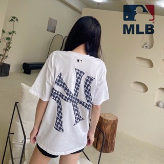 Mlb เสื้อยืดแขนสั้น ผ้าฝ้าย 100% พิมพ์ลายโลโก้ ขนาดใหญ่ สําหรับผู้หญิง