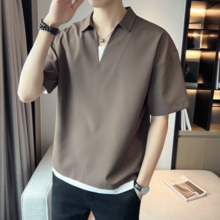 เสื้อยืดแขนสั้น คอวี ผ้าเรยอน แต่งระบาย แฟชั่นฤดูร้อน สไตล์สตรีท สําหรับผู้ชาย 2023