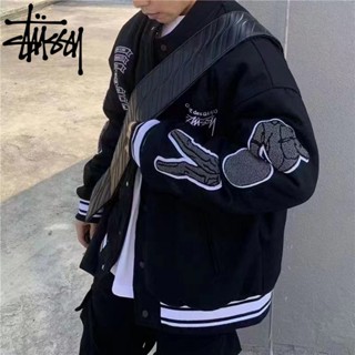 Stussy เสื้อแจ็กเก็ตเบสบอลลําลอง ปักลาย ทรงหลวม สไตล์วินเทจ สตรีท ของแท้ 100% สําหรับผู้ชาย