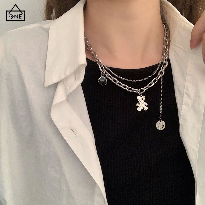 COD โซ่สองชั้นที่เรียบง่ายหมีน่ารักจี้สร้อยคอสุภาพสตรีสร้อยคอแฟชั่น Hip Hop a.one