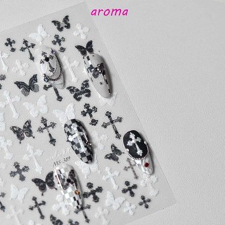 Aroma สติกเกอร์ติดเล็บ ลายผีเสื้อ กางเขน สีดํา สีขาว สไตล์เรโทร สําหรับตกแต่งเล็บ