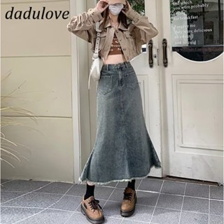 DaDulove💕 New Korean Version of INS Raw Edge Denim Skirt High Waist Loose A- line Skirt Large Size Long Skirt