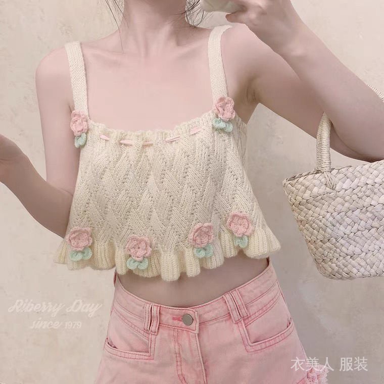 เสื้อแขนกุด ผ้าถัก ลายดอกไม้ สไตล์เรโทร เหมาะกับฤดูร้อน สําหรับผู้หญิง Y-33