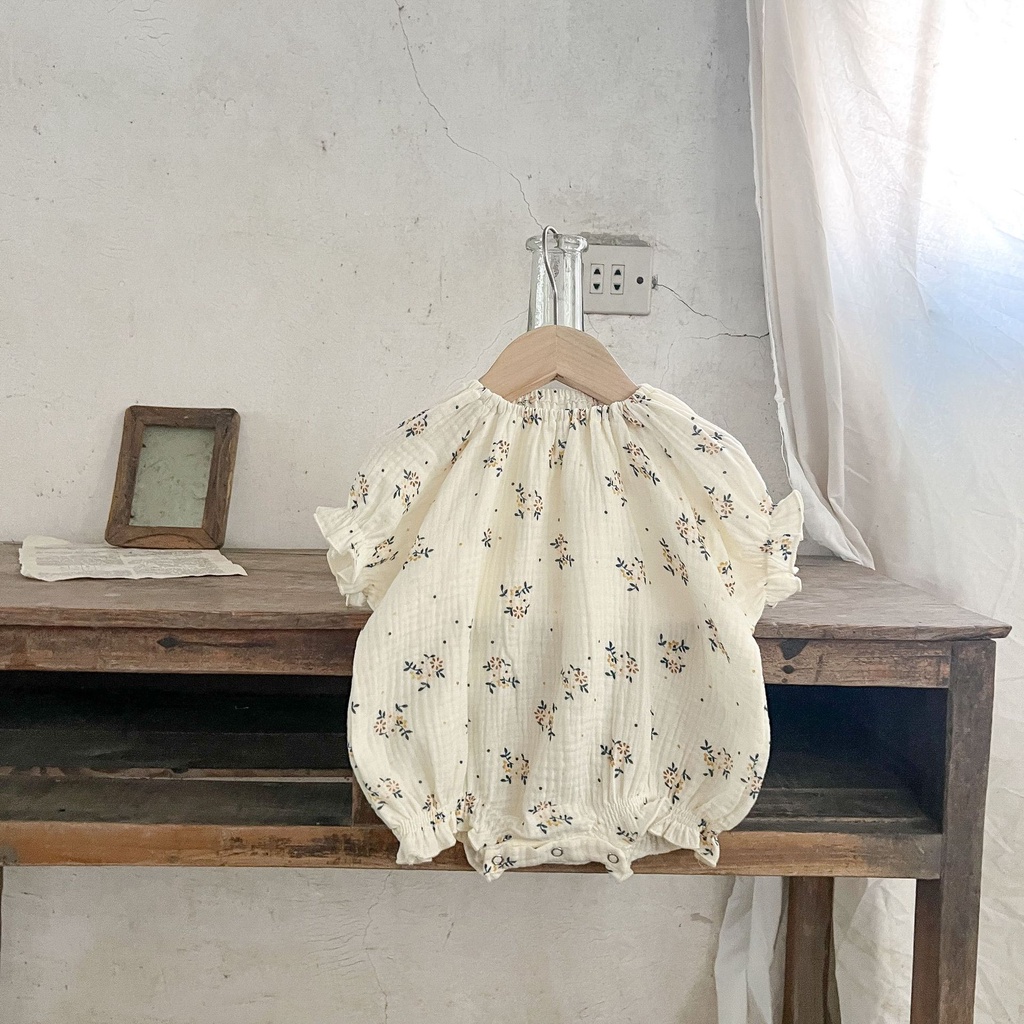 ชุดจั๊มสูท ผ้าฝ้ายแท้ ลายดอกไม้ และกางเกงขาสั้น เอวสูง แต่งระบาย สําหรับเด็กทารกแรกเกิด - รูปที่ 4