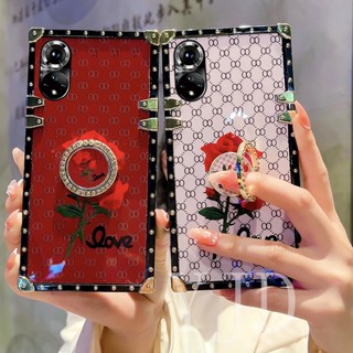 Yjd เคสโทรศัพท์ กันกระแทก ขอบตรง ลายดอกกุหลาบ ประดับเพชร พร้อมแหวน สําหรับ Huawei Nova 9 Pro Nova 9 SE