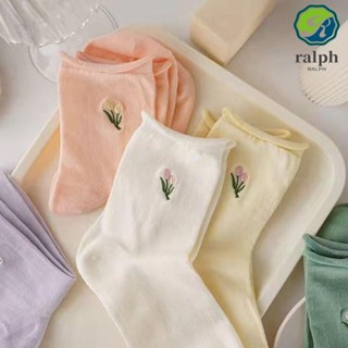 Ralph ถุงเท้า ผ้าฝ้าย ปักลายดอกทิวลิป สวมใส่สบาย สีพื้น แบบเรียบง่าย สไตล์ฮาราจูกุ แฟชั่นสําหรับผู้หญิง