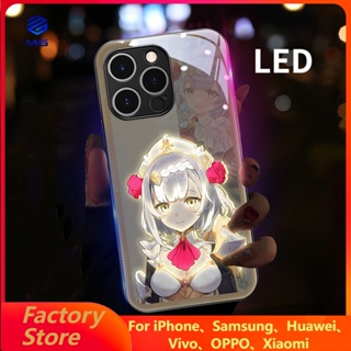 Mg Genshin Impact Noelle เคสโทรศัพท์มือถือแบบแก้ว มีไฟกระพริบ LED สําหรับ iPhone 14Promax 14Plus 13Promax 12ProMax 7plus 8plus XR XS X XSMAX 11ProMax 11pro