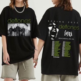 เสื้อยืดแขนสั้นคอกลมเสื้อครอปสายฝอ Deftones ทัวร์ 2023 เสื้อยืดพังก์ร็อควงดนตรีผู้ชายวินเทจแขนสั้นเสื้อลําลองเสื้อยืดลํา