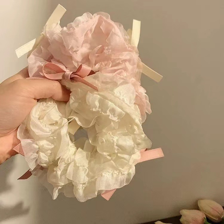 2023 Super Fairy ฝรั่งเศสหลายชั้นเส้นด้ายผ้าไหมลูกไม้โบว์ Scrunchy แหวนผมลูกไม้แหวนผม