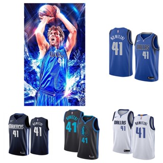 Dallas Mavericks #41 Dirk Nowitzki เสื้อบาสเก็ตบอลสีดำของผู้ชายสั้น -เสื้อยืดกีฬา