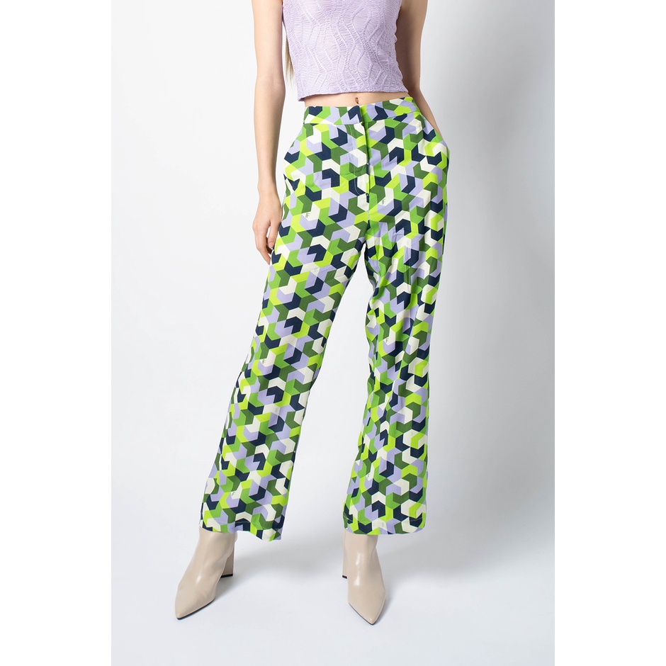 f.fashion กางเกงทรงขากว้างลายจีโอเมตริก ผู้หญิง | Wide Leg Trousers in Geometric Print | 6156