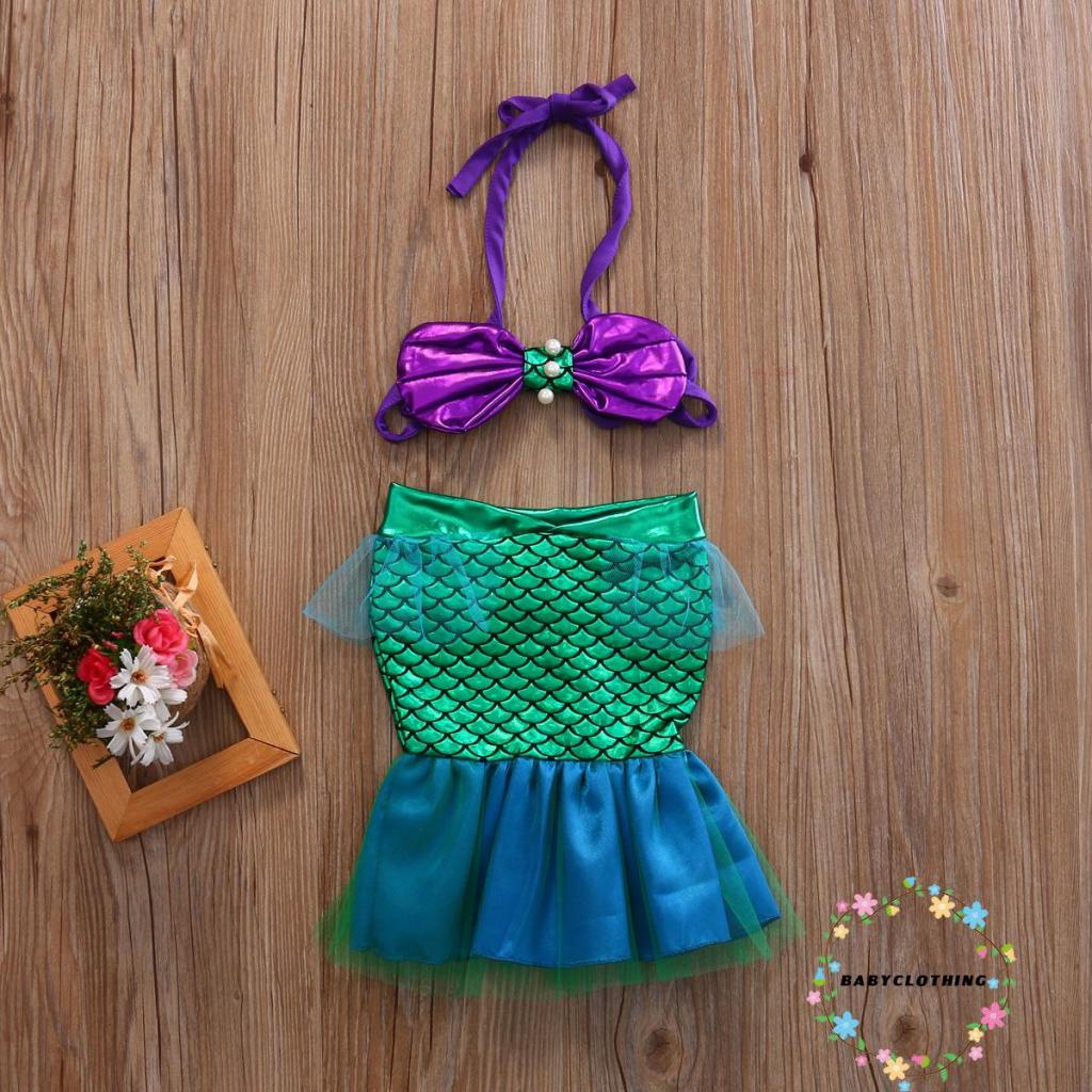 Babyclothes-เด็กทารกสองชิ้นชุดว่ายน้ํานางเงือกแขวนคอpearl Halterบิกินี่เสื้อ + Tulle Patchwork Mermaid Tail 2 ชิ้นชุดว่ายน้ํา