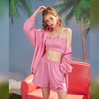 【Hello Kitty】black pink hooded jacket shorts set ชุดเซ็ทสามชิ้นสายเดี่ยวกางเกงขาสั้นเสื้อฮู้ดกันหนาวคิตตี้แท้ สีชมพูดำ