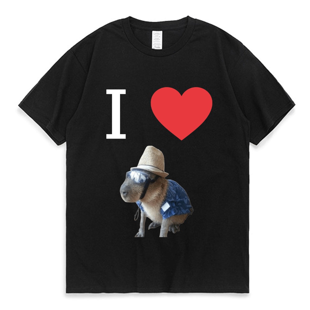 คาปิบาร่า เสื้อสาวอวบ เสื้อยืดผู้ชายและผู้หญิงฤดูร้อนปี สตรีทแวร์แขนสั้นขนาดใหญ่เสื้อยืดเสื้อยืดหลวมสบาย ฉันรัก Capybara
