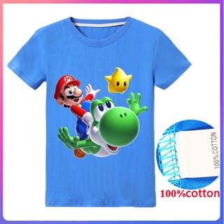 เสื้อยืดแขนสั้น ผ้าฝ้าย พิมพ์ลายการ์ตูน Super Mario แฟชั่นฤดูร้อน สําหรับเด็กผู้ชาย และเด็กผู้หญิง